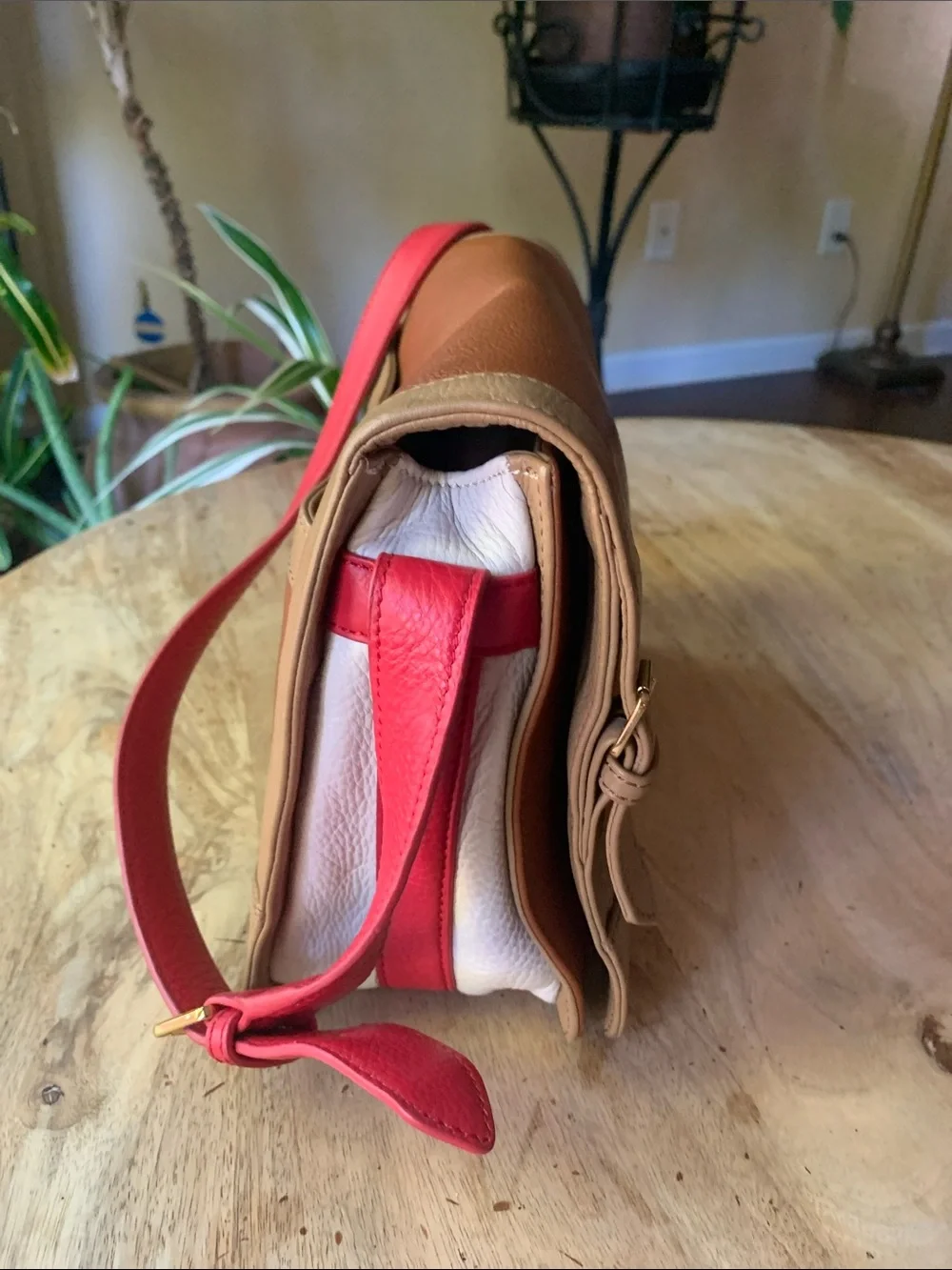 TORY BURCH Two-Tone Brown and Red Leather Shoulder Bag